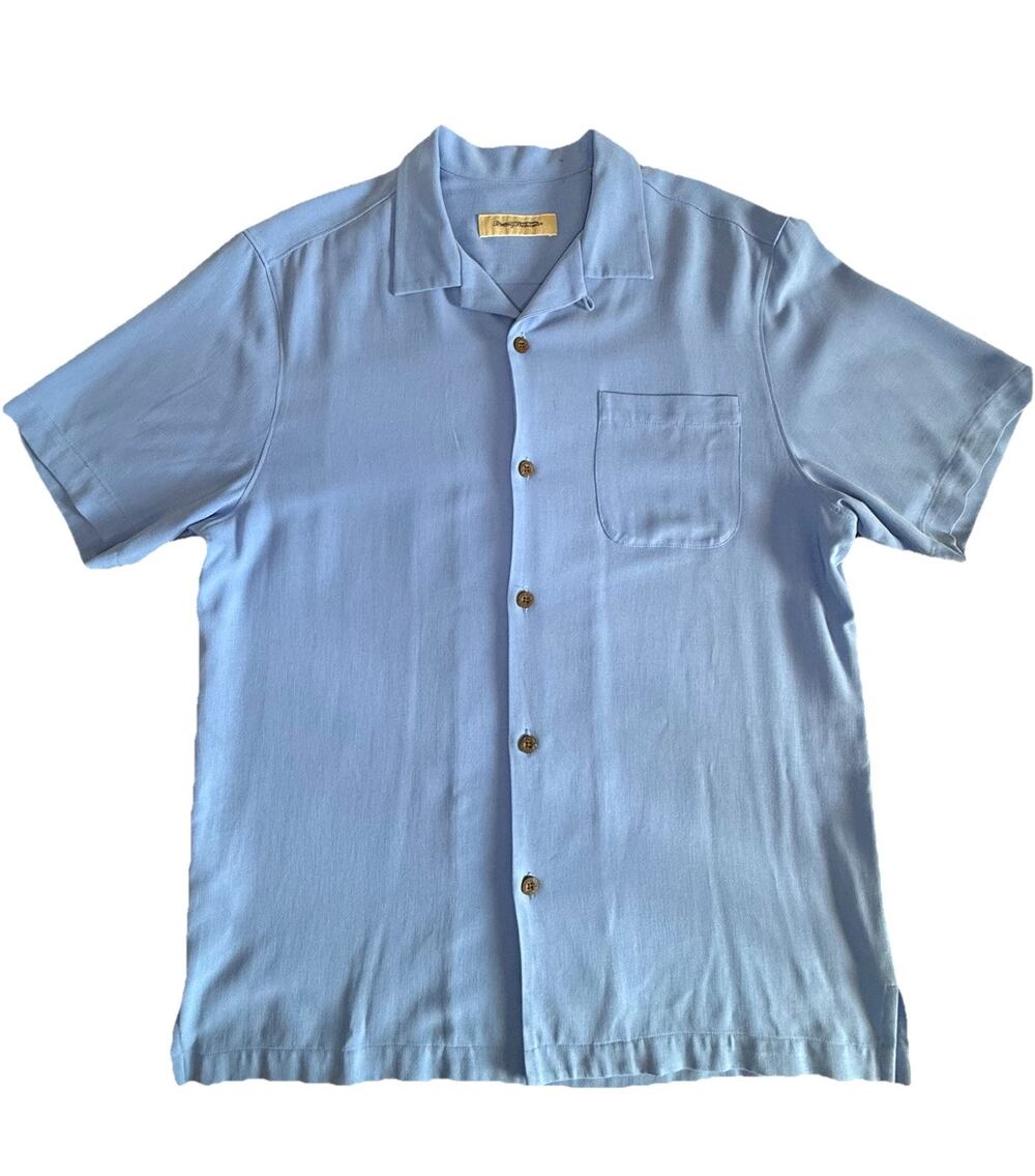Tommy Bahama 100% Silk Camp Shirt Blue Herringbone Button Front Men’s M
